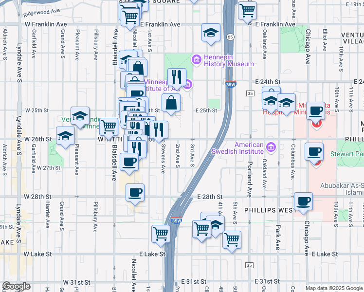 map of restaurants, bars, coffee shops, grocery stores, and more near 2610 3rd Avenue South in Minneapolis