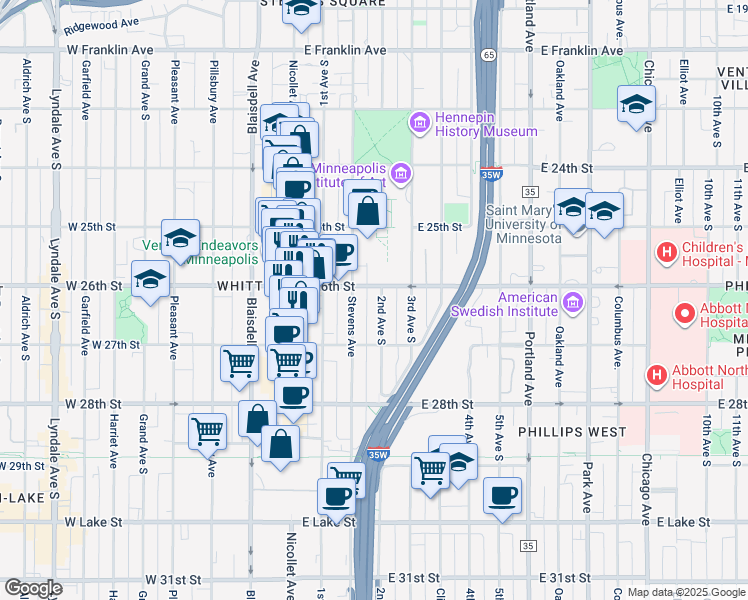 map of restaurants, bars, coffee shops, grocery stores, and more near 2612 2nd Avenue South in Minneapolis
