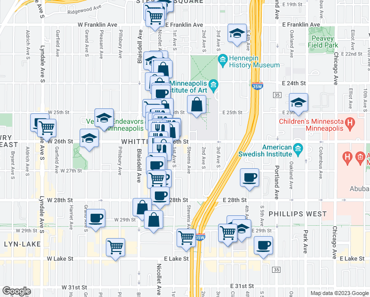map of restaurants, bars, coffee shops, grocery stores, and more near 2611 1st Avenue South in Minneapolis