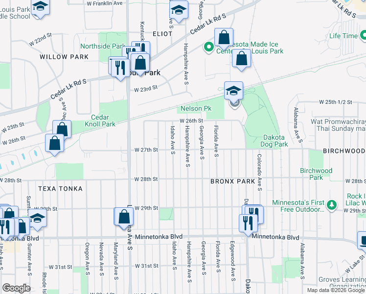 map of restaurants, bars, coffee shops, grocery stores, and more near 2656 Hampshire Avenue South in Minneapolis