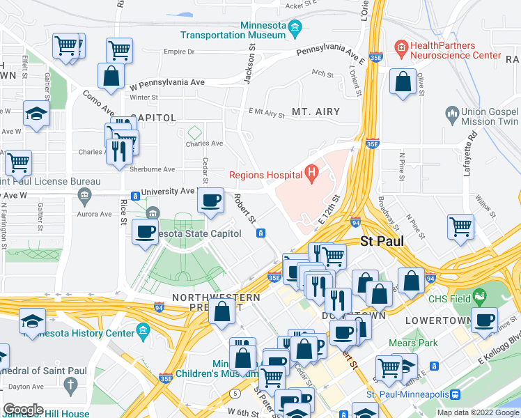 map of restaurants, bars, coffee shops, grocery stores, and more near 135 East 14th Street in Saint Paul