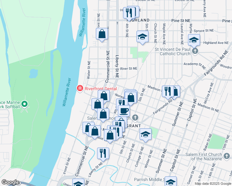 map of restaurants, bars, coffee shops, grocery stores, and more near 351 Norway Street Northeast in Salem