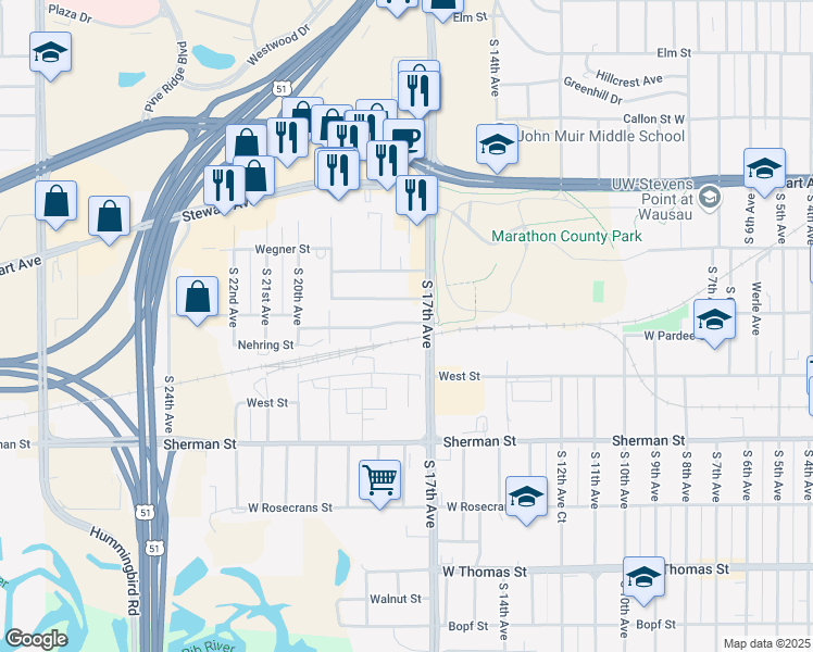 map of restaurants, bars, coffee shops, grocery stores, and more near 1707 West Pardee Street in Wausau