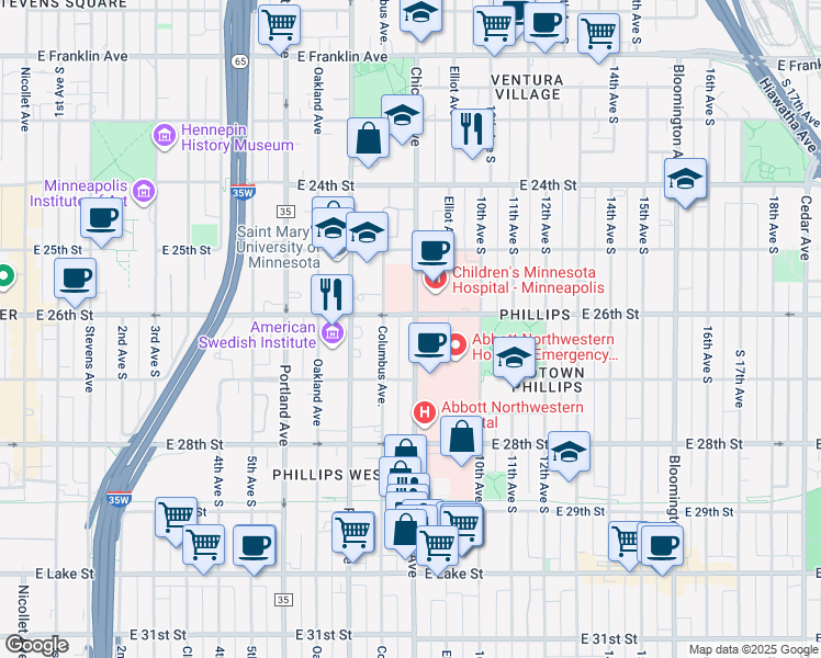 map of restaurants, bars, coffee shops, grocery stores, and more near 2610 Chicago Avenue in Minneapolis