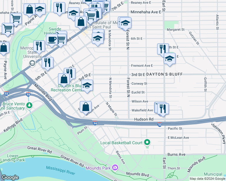 map of restaurants, bars, coffee shops, grocery stores, and more near 885 Euclid Street in Saint Paul
