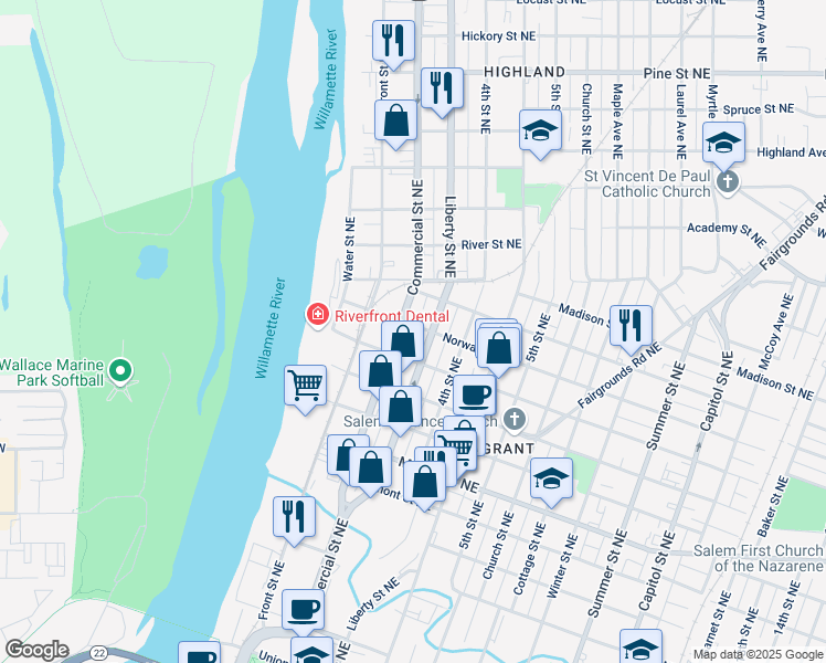 map of restaurants, bars, coffee shops, grocery stores, and more near 1588 Commercial Street Northeast in Salem