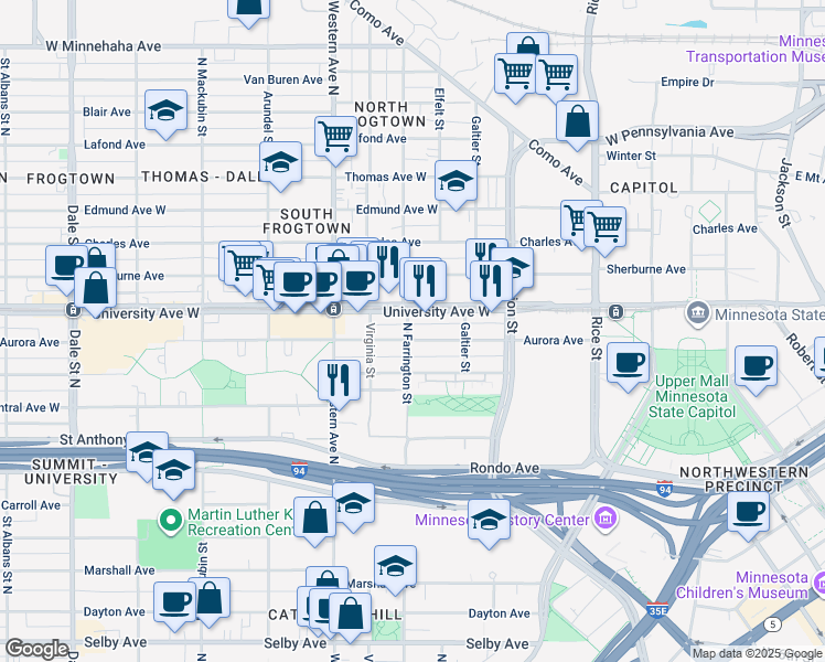 map of restaurants, bars, coffee shops, grocery stores, and more near 295 Aurora Avenue in Saint Paul