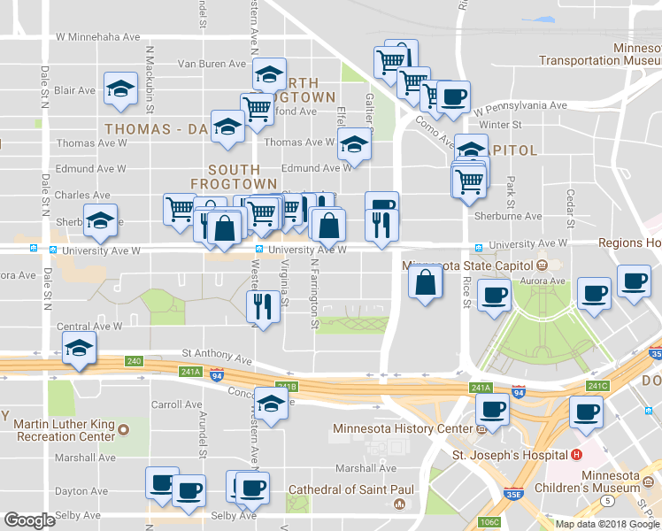 map of restaurants, bars, coffee shops, grocery stores, and more near 295 Aurora Avenue in Saint Paul