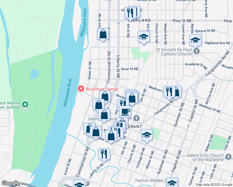 map of restaurants, bars, coffee shops, grocery stores, and more near 349 Norway Street Northeast in Salem