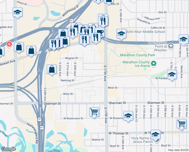 map of restaurants, bars, coffee shops, grocery stores, and more near 1715 West Pardee Street in Wausau