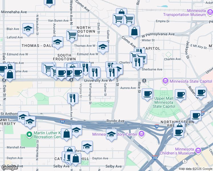 map of restaurants, bars, coffee shops, grocery stores, and more near 261 Aurora Avenue in Saint Paul