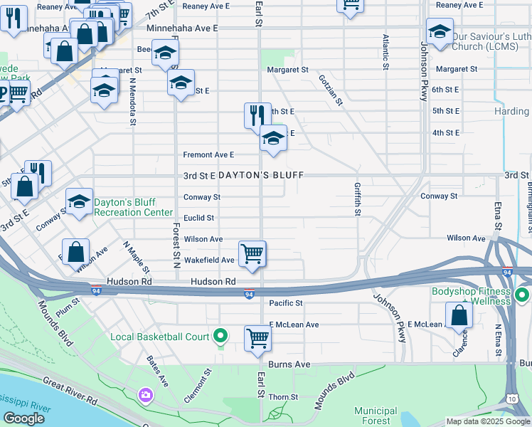 map of restaurants, bars, coffee shops, grocery stores, and more near 454 Earl Street in Saint Paul