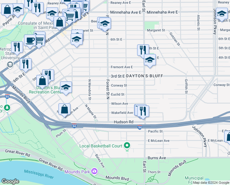 map of restaurants, bars, coffee shops, grocery stores, and more near 959 Euclid Street in Saint Paul