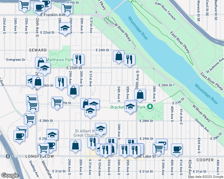 map of restaurants, bars, coffee shops, grocery stores, and more near 3301 East 26th Street in Minneapolis