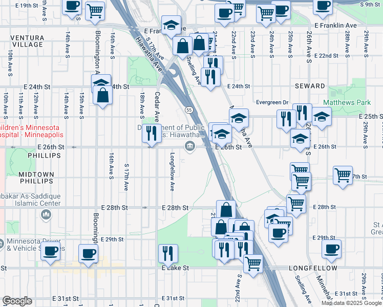 map of restaurants, bars, coffee shops, grocery stores, and more near 1901 East 26th Street in Minneapolis