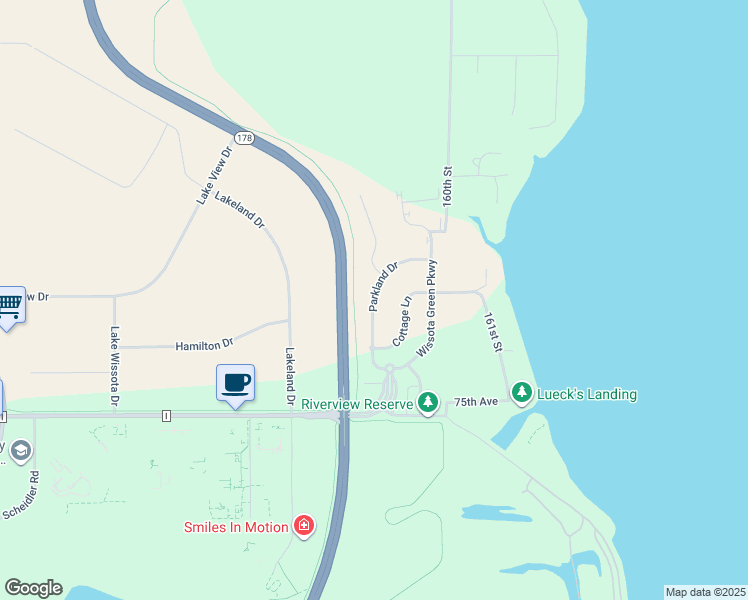 map of restaurants, bars, coffee shops, grocery stores, and more near Parkland Drive in Chippewa Falls