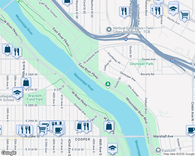 map of restaurants, bars, coffee shops, grocery stores, and more near 2194 East River Parkway in Minneapolis