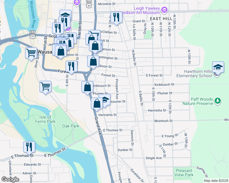 map of restaurants, bars, coffee shops, grocery stores, and more near 717 Plumer Street in Wausau