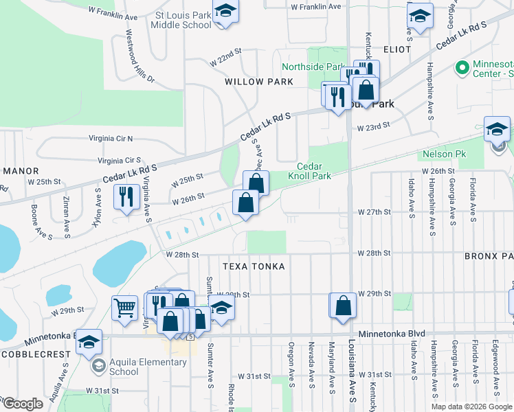 map of restaurants, bars, coffee shops, grocery stores, and more near 7600 West 27th Street in Minneapolis