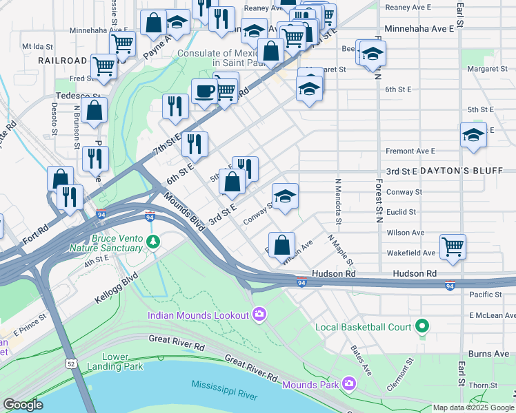 map of restaurants, bars, coffee shops, grocery stores, and more near 285 Bates Avenue in Saint Paul