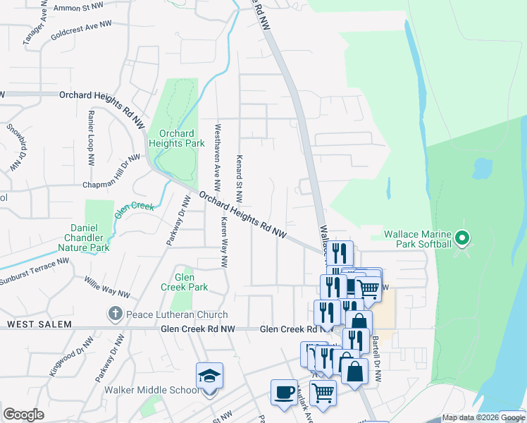 map of restaurants, bars, coffee shops, grocery stores, and more near 923 Orchard Heights Road Northwest in Salem