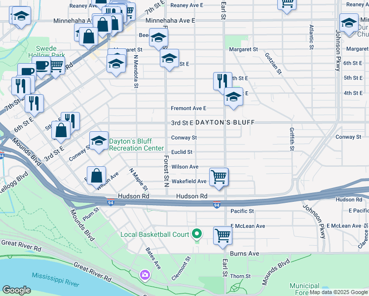 map of restaurants, bars, coffee shops, grocery stores, and more near 960 Euclid Street in Saint Paul