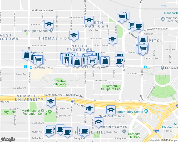 map of restaurants, bars, coffee shops, grocery stores, and more near 470 Western Avenue North in Saint Paul