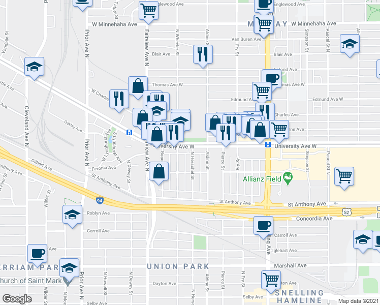 map of restaurants, bars, coffee shops, grocery stores, and more near 468 North Wheeler Street in Saint Paul