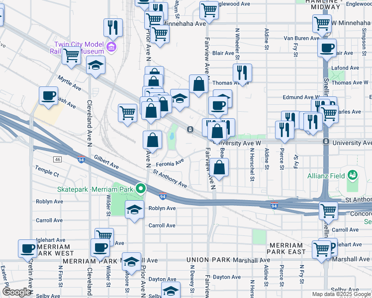 map of restaurants, bars, coffee shops, grocery stores, and more near 1879 Feronia Avenue in Saint Paul