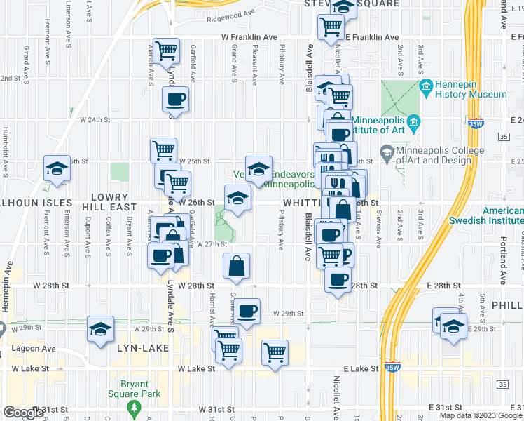 map of restaurants, bars, coffee shops, grocery stores, and more near in Minneapolis