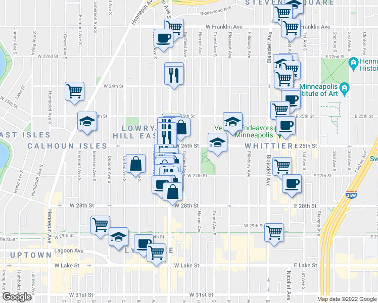 map of restaurants, bars, coffee shops, grocery stores, and more near 2615 Garfield Avenue in Minneapolis