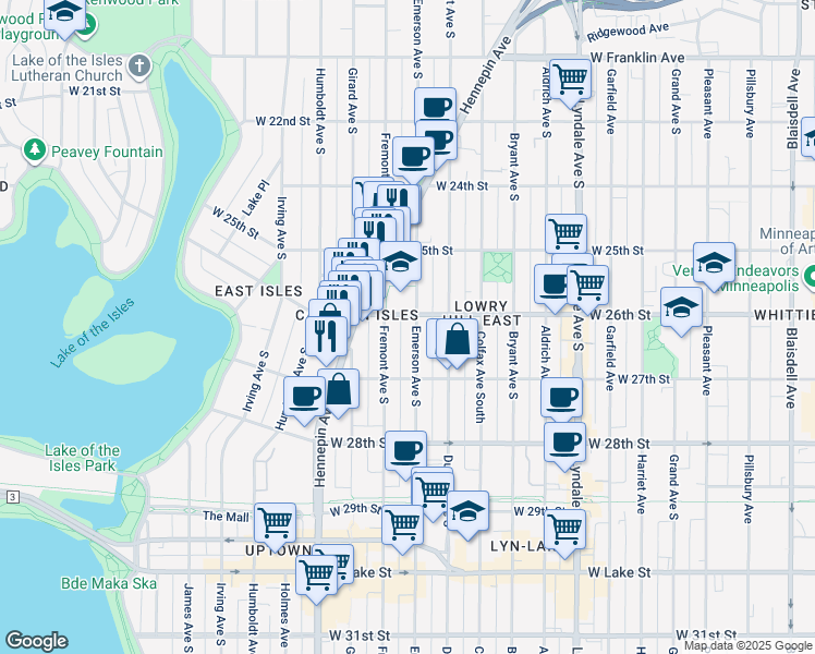 map of restaurants, bars, coffee shops, grocery stores, and more near in Minneapolis
