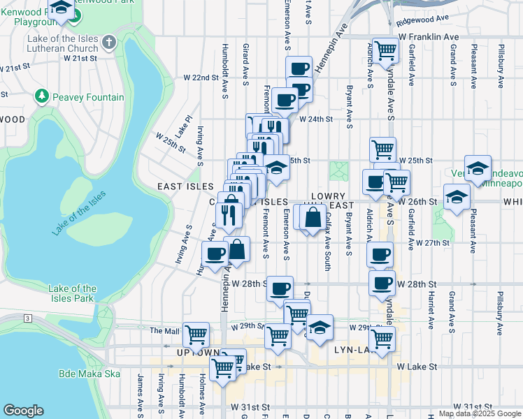 map of restaurants, bars, coffee shops, grocery stores, and more near in Minneapolis