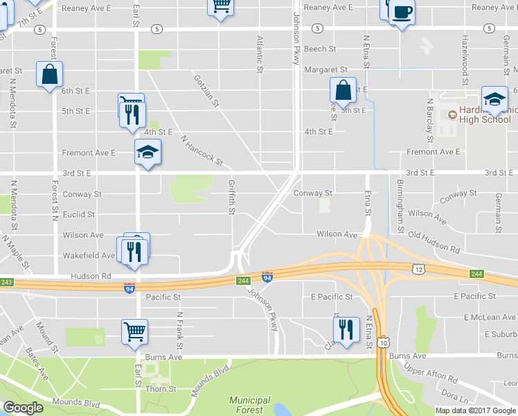 map of restaurants, bars, coffee shops, grocery stores, and more near 433 Johnson Parkway in Saint Paul