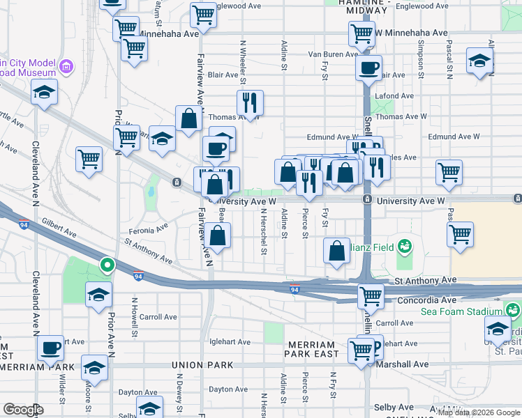map of restaurants, bars, coffee shops, grocery stores, and more near 467 Herschel Street in Saint Paul