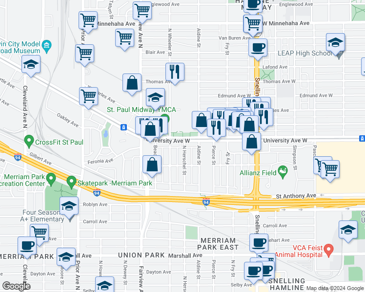 map of restaurants, bars, coffee shops, grocery stores, and more near 469 Herschel Street in Saint Paul