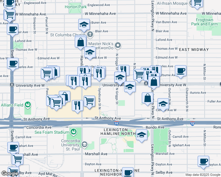 map of restaurants, bars, coffee shops, grocery stores, and more near 450 North Syndicate Street in Saint Paul