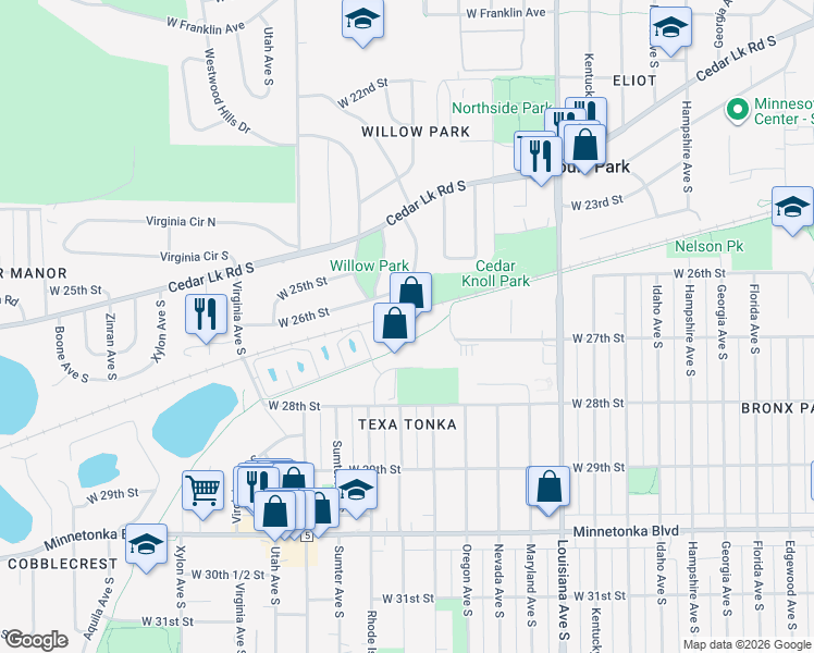 map of restaurants, bars, coffee shops, grocery stores, and more near 7600 West 27th Street in St. Louis Park