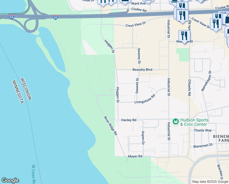 map of restaurants, bars, coffee shops, grocery stores, and more near 1440 Hazel Court in Hudson