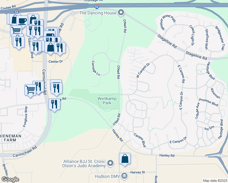 map of restaurants, bars, coffee shops, grocery stores, and more near 644 O'Neil Road in Hudson