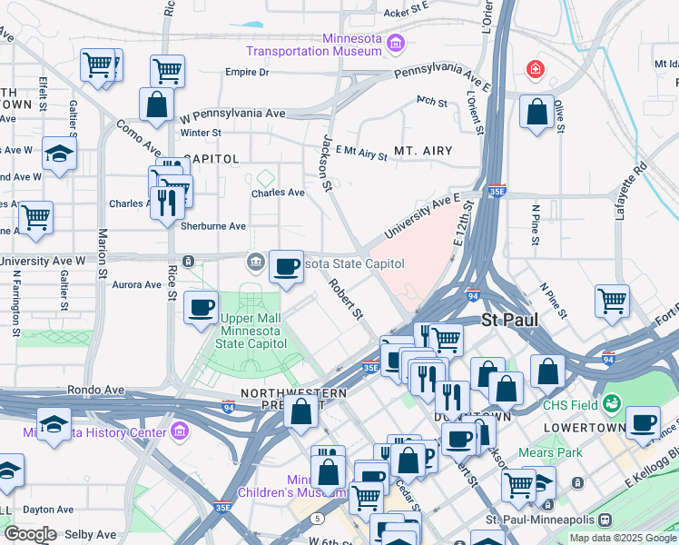 map of restaurants, bars, coffee shops, grocery stores, and more near 135 East 14th Street in Saint Paul