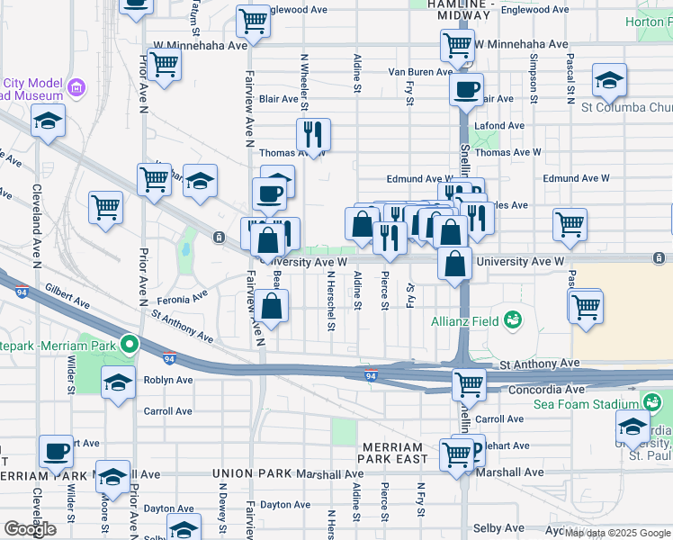 map of restaurants, bars, coffee shops, grocery stores, and more near 463 Aldine Street in Saint Paul