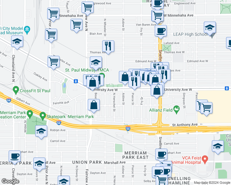 map of restaurants, bars, coffee shops, grocery stores, and more near 463 Aldine Street in Saint Paul