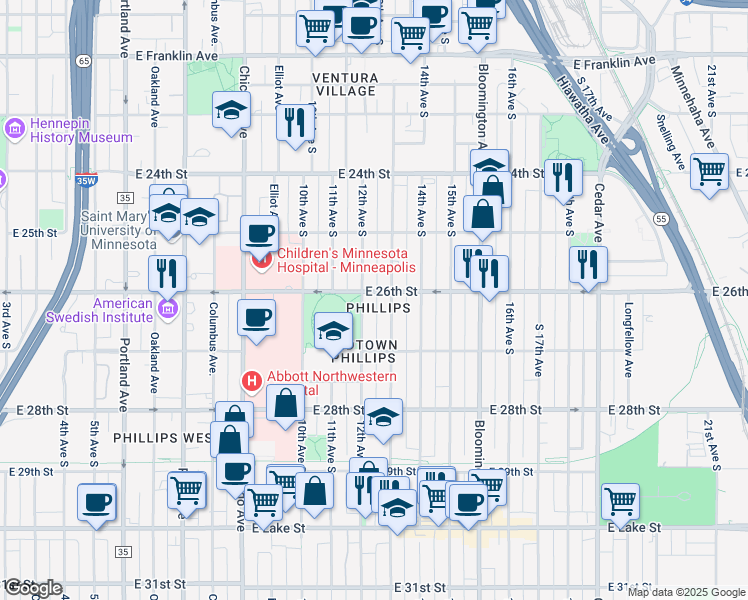 map of restaurants, bars, coffee shops, grocery stores, and more near 2618 13th Avenue South in Minneapolis