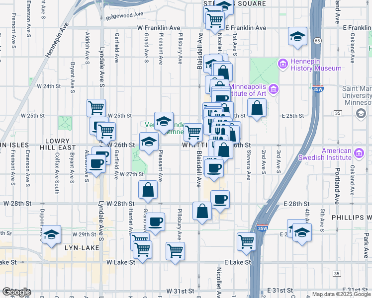 map of restaurants, bars, coffee shops, grocery stores, and more near 2621 Pillsbury Avenue in Minneapolis