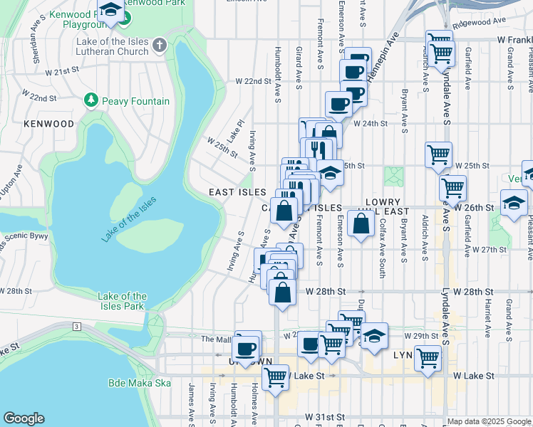 map of restaurants, bars, coffee shops, grocery stores, and more near 2617 Humboldt Avenue South in Minneapolis