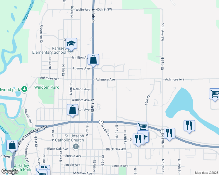 map of restaurants, bars, coffee shops, grocery stores, and more near 1011 North 11th Street in Montevideo