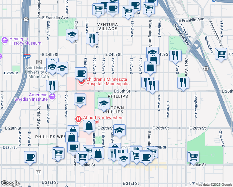 map of restaurants, bars, coffee shops, grocery stores, and more near 2618 13th Avenue South in Minneapolis