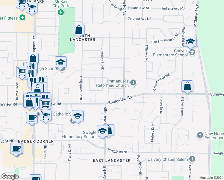 map of restaurants, bars, coffee shops, grocery stores, and more near 4554 Shipps Place Northeast in Salem