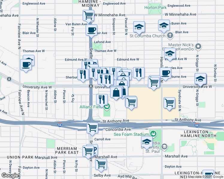 map of restaurants, bars, coffee shops, grocery stores, and more near 1544 University Avenue West in Saint Paul